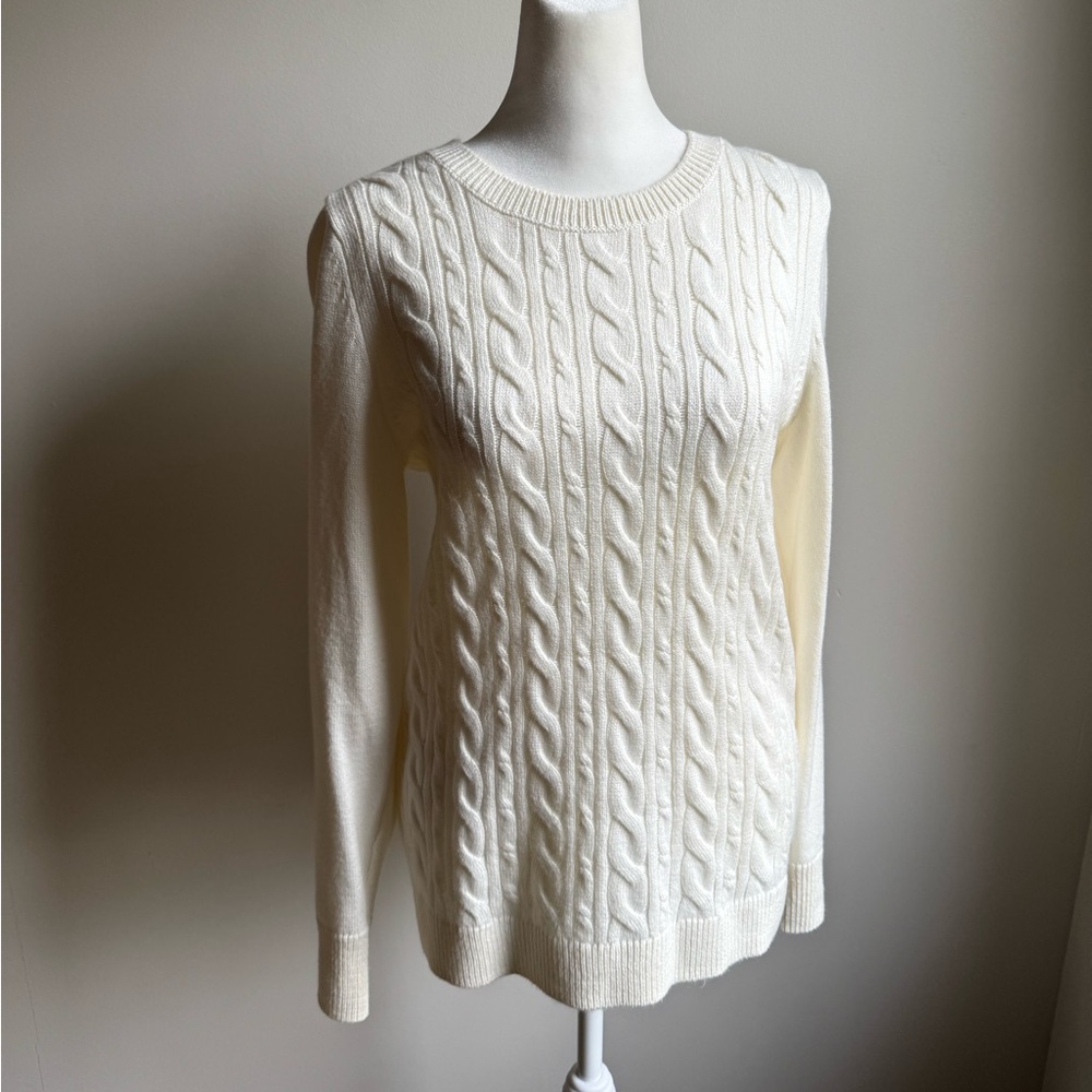 Talbots Women’s Cable Knit Crewneck Sweater Cream‎ Size Medium Decorative Sleeve - Picture 1 of 8
